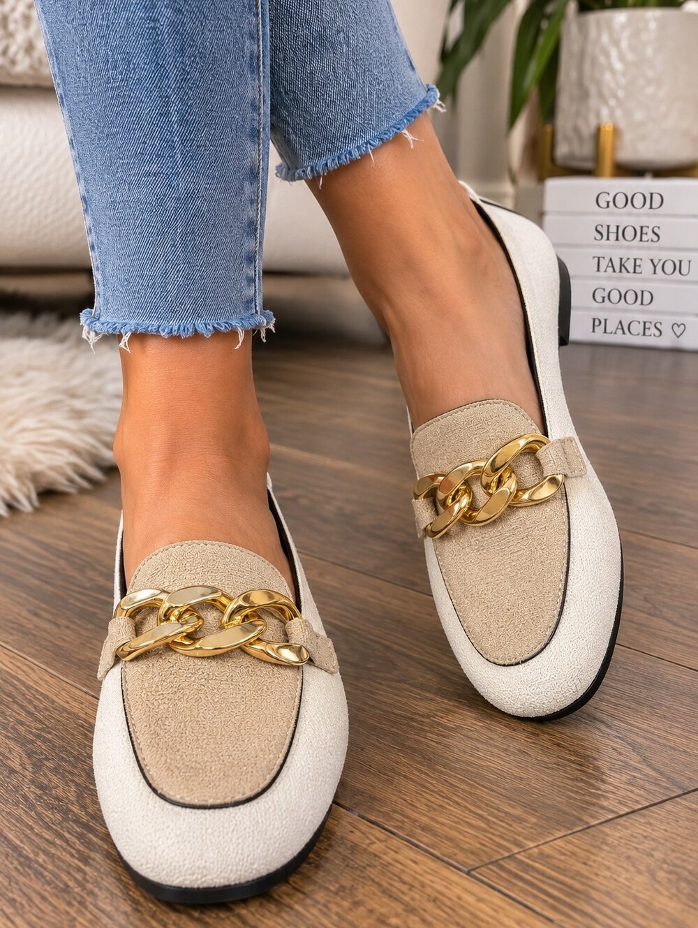 FAUX SUEDE MOCCASINS with GOLD-TONE BUCKLE DETAIL - PIMPIN' IN THE NEUTRAL NUDE